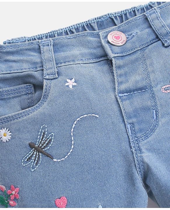 Babyhug Cotton Spandex Mid Thigh Length Washed Stretchable Shorts Nature Embroidery Blue (Fly With Zipper)