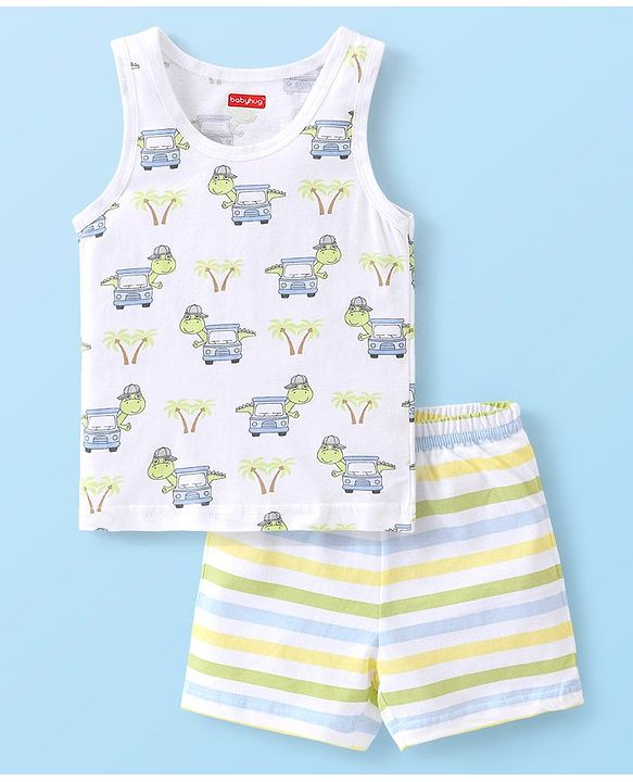 Babyhug 100% Cotton Sleeveless Sando & Shorts Set Car Print - Multicolour