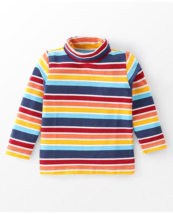 Babyhug Cotton Lycra Knit Full Sleeves Skivi T-Shirt Striped - Orange & Blue
