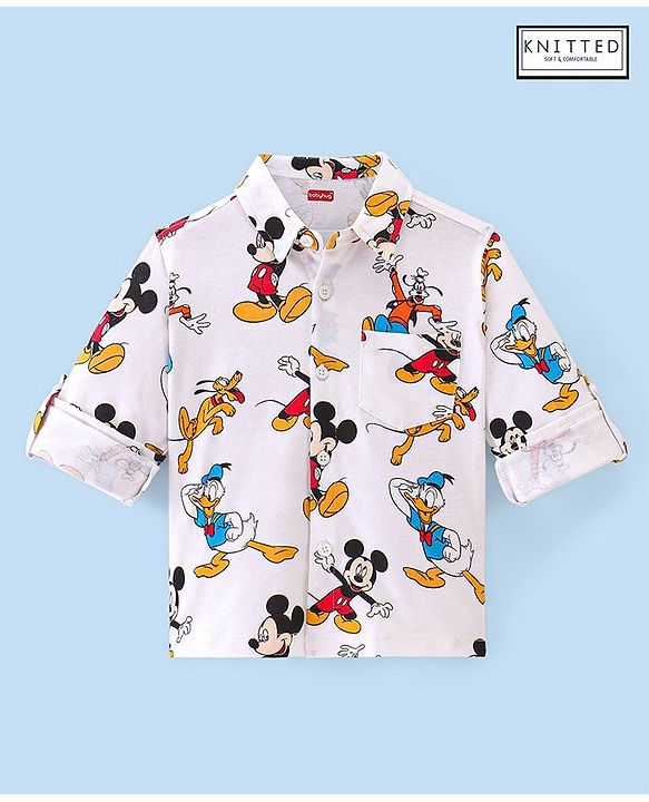 Babyhug 100% Cotton Knit Full Sleeve Shirt With Mickey Mouse & Friends Print - White