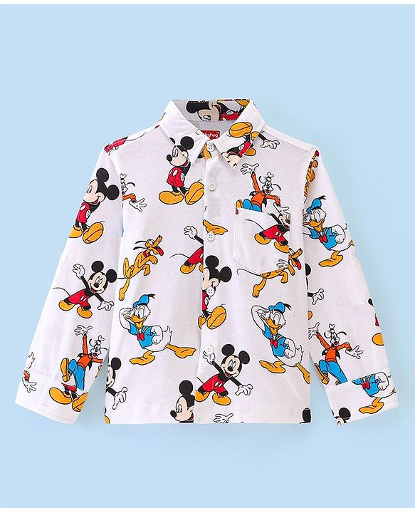 Babyhug 100% Cotton Knit Full Sleeve Shirt With Mickey Mouse & Friends Print - White