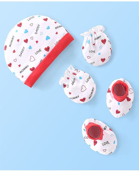 Babyhug 100% Cotton Knit Cap Mittens & Booties Set with Heart Print - White