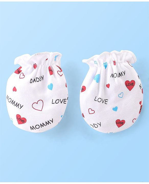 Babyhug 100% Cotton Knit Cap Mittens & Booties Set with Heart Print - White