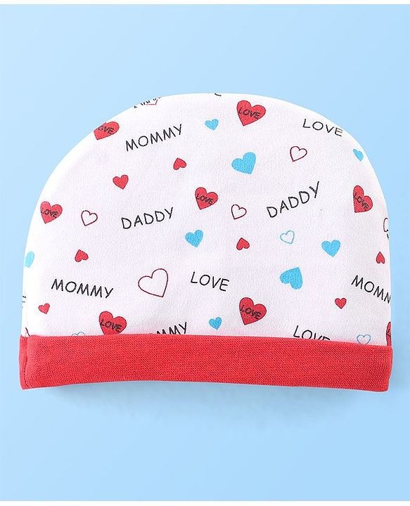 Babyhug 100% Cotton Knit Cap Mittens & Booties Set with Heart Print - White