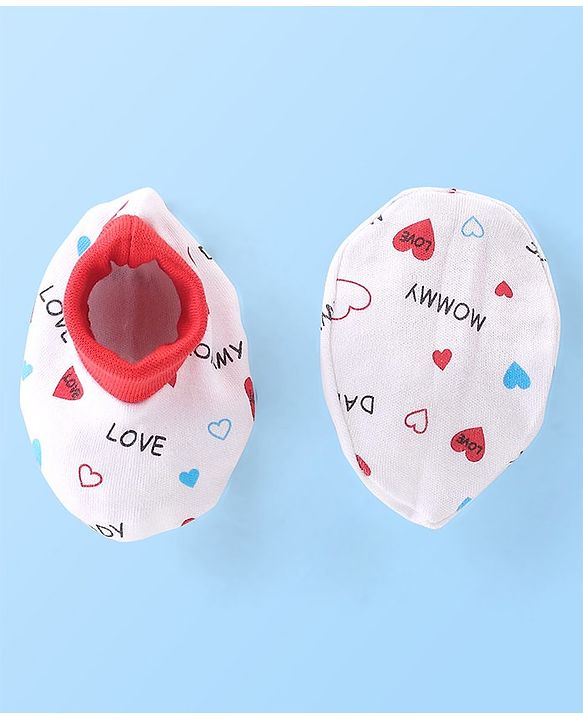 Babyhug 100% Cotton Knit Cap Mittens & Booties Set with Heart Print - White