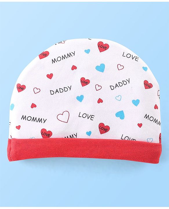 Babyhug 100% Cotton Knit Cap Mittens & Booties Set with Heart Print - White