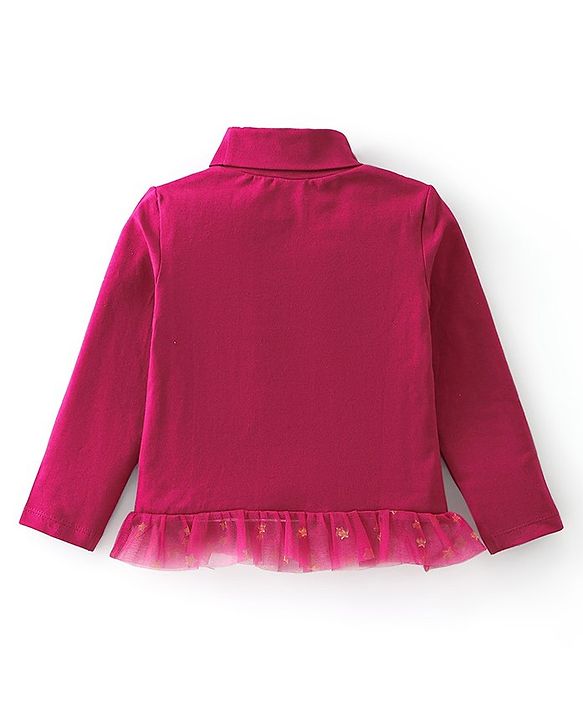 Babyhug 100% Cotton Full Sleeves Skivi T-Shirt with Text Graphics & Frill Detailing - Maroon