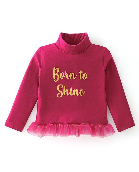 Babyhug 100% Cotton Full Sleeves Skivi T-Shirt with Text Graphics & Frill Detailing - Maroon
