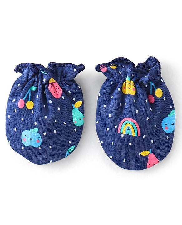 Babyhug 100% Cotton Interlock Knit Cap Mitten And Booties Set Fruits Design - Navy Blue