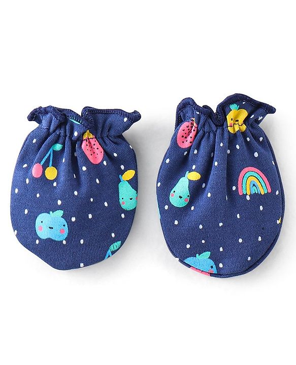 Babyhug 100% Cotton Interlock Knit Cap Mitten And Booties Set Fruits Design - Navy Blue