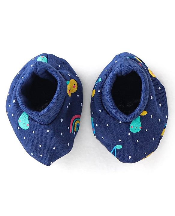Babyhug 100% Cotton Interlock Knit Cap Mitten And Booties Set Fruits Design - Navy Blue