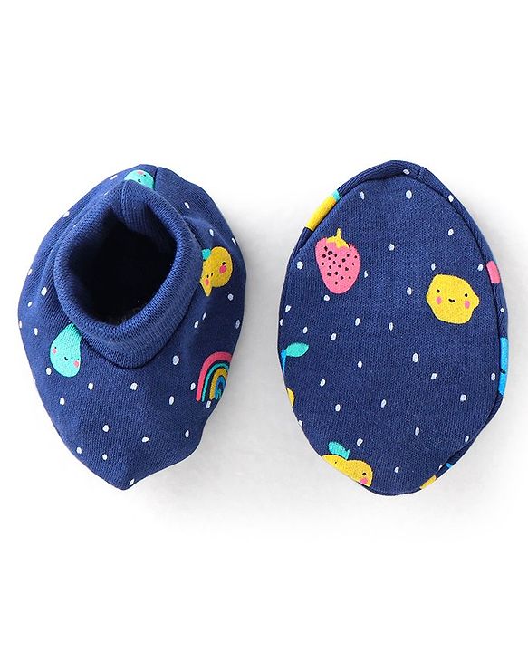 Babyhug 100% Cotton Interlock Knit Cap Mitten And Booties Set Fruits Design - Navy Blue