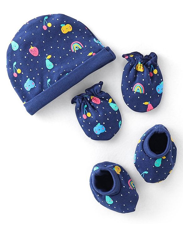 Babyhug 100% Cotton Interlock Knit Cap Mitten And Booties Set Fruits Design - Navy Blue