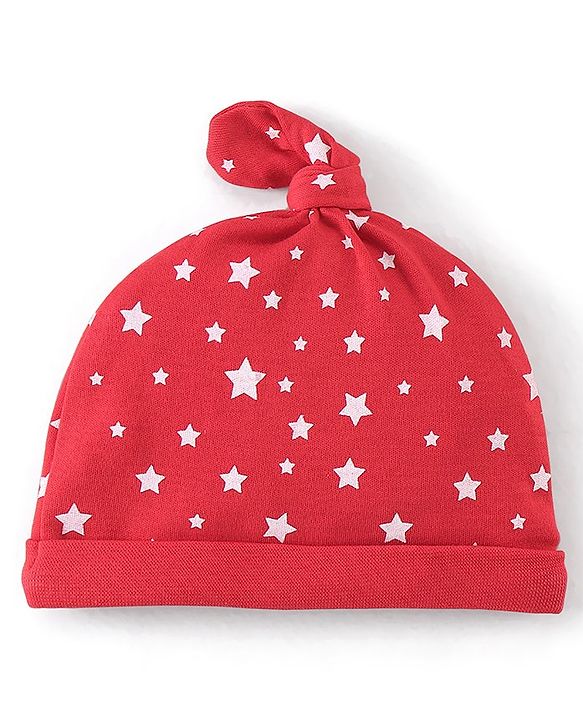 Babyhug 100% Cotton Knit Cap Mittens & Booties Set Star Print - Red