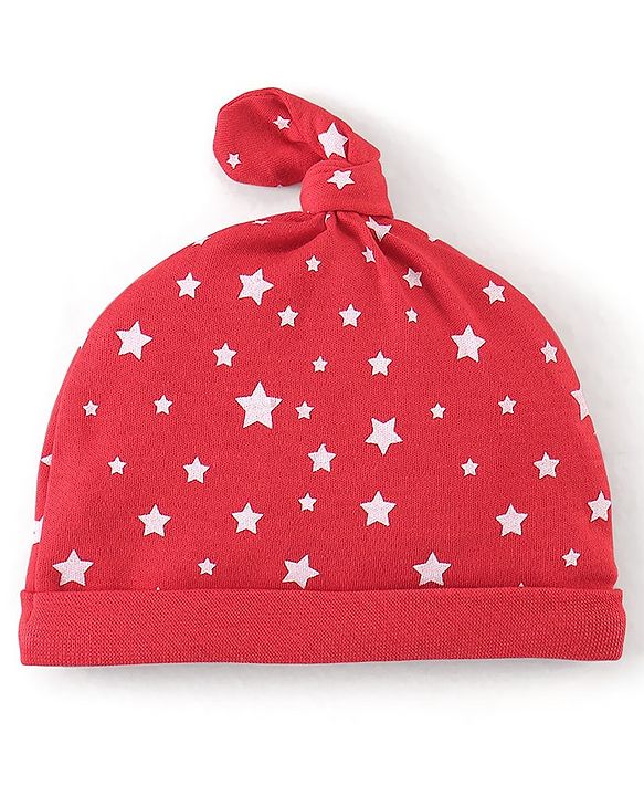 Babyhug 100% Cotton Knit Cap Mittens & Booties Set Star Print - Red