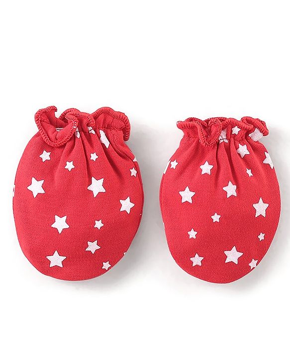 Babyhug 100% Cotton Knit Cap Mittens & Booties Set Star Print - Red