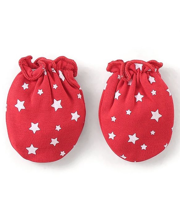 Babyhug 100% Cotton Knit Cap Mittens & Booties Set Star Print - Red