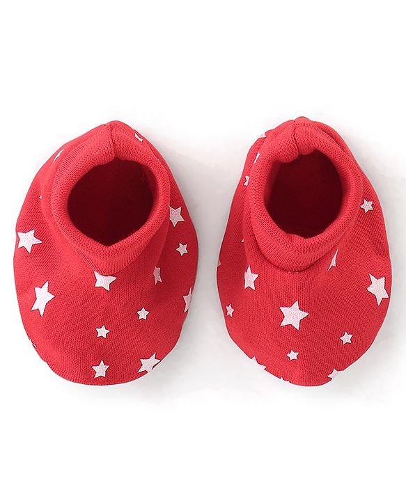 Babyhug 100% Cotton Knit Cap Mittens & Booties Set Star Print - Red