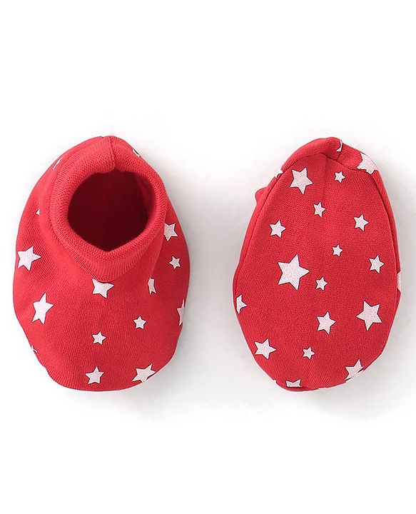 Babyhug 100% Cotton Knit Cap Mittens & Booties Set Star Print - Red