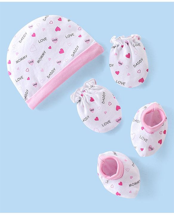 Babyhug 100% Cotton Interlock Knit Cap Mittens & Booties Set with Heart Print - White & Pink