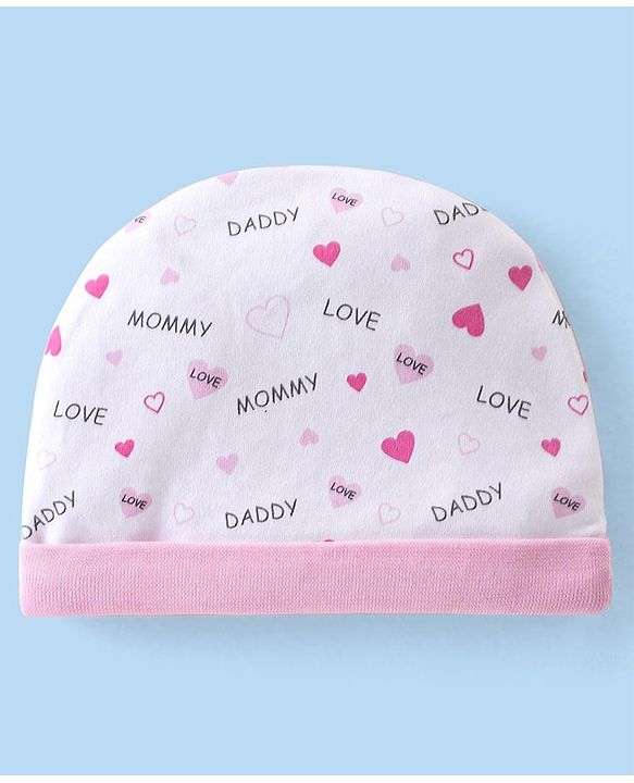Babyhug 100% Cotton Interlock Knit Cap Mittens & Booties Set with Heart Print - White & Pink