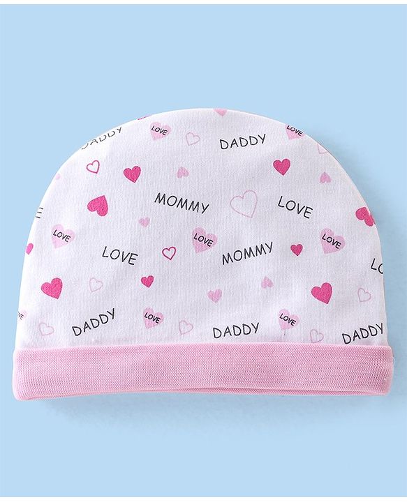Babyhug 100% Cotton Interlock Knit Cap Mittens & Booties Set with Heart Print - White & Pink