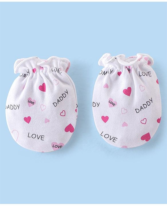 Babyhug 100% Cotton Interlock Knit Cap Mittens & Booties Set with Heart Print - White & Pink