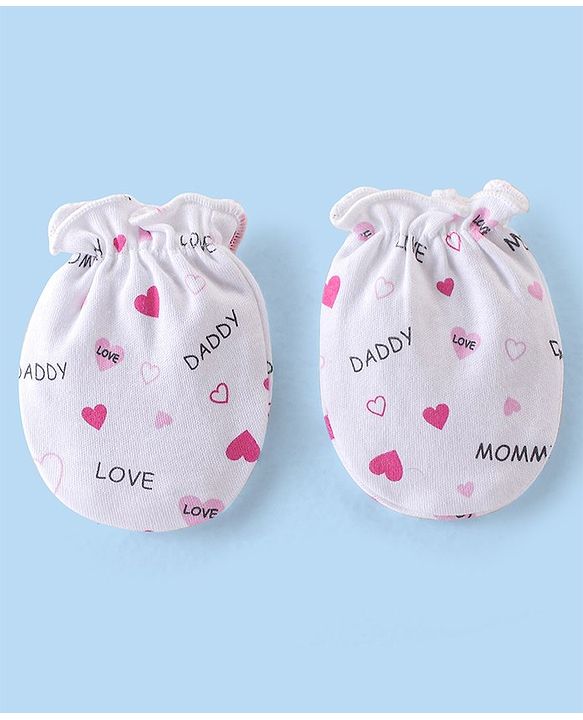 Babyhug 100% Cotton Interlock Knit Cap Mittens & Booties Set with Heart Print - White & Pink