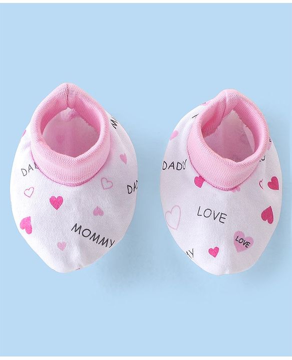 Babyhug 100% Cotton Interlock Knit Cap Mittens & Booties Set with Heart Print - White & Pink