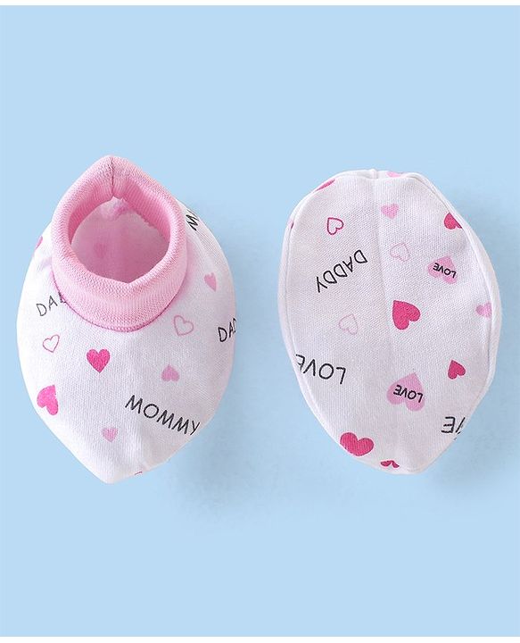 Babyhug 100% Cotton Interlock Knit Cap Mittens & Booties Set with Heart Print - White & Pink