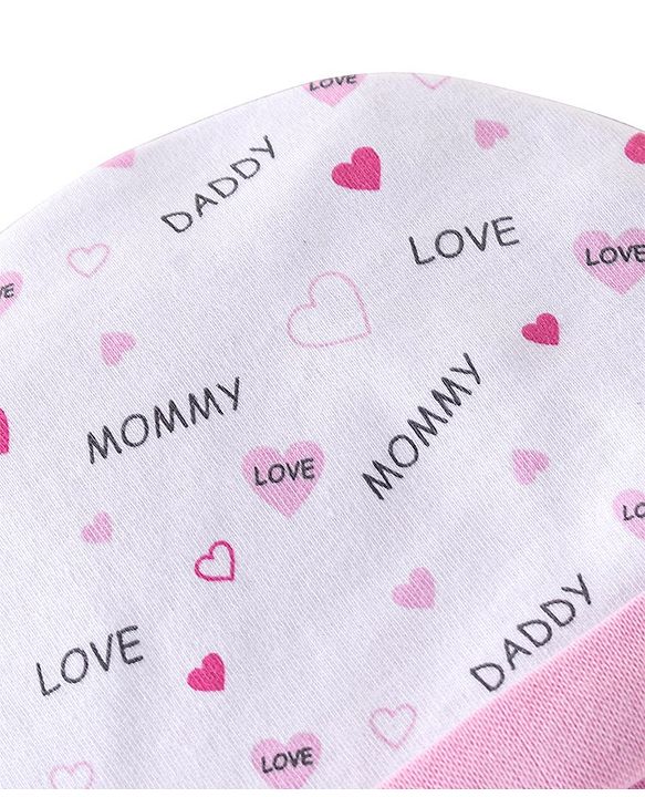 Babyhug 100% Cotton Interlock Knit Cap Mittens & Booties Set with Heart Print - White & Pink