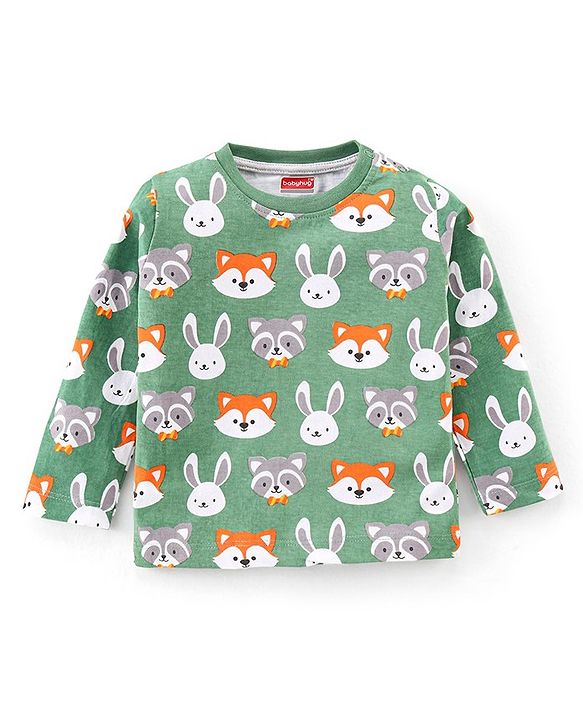 Babyhug 100% Cotton Knit Full Sleeves T-Shirt Animal Face Print - Green
