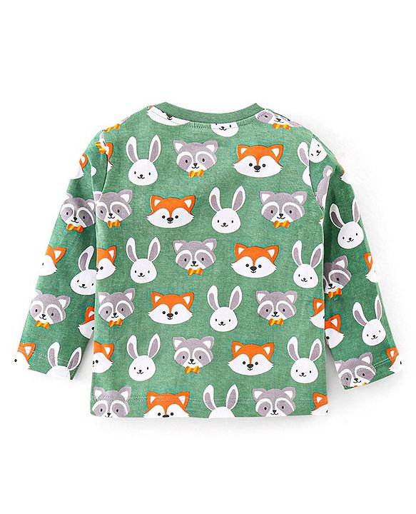 Babyhug 100% Cotton Knit Full Sleeves T-Shirt Animal Face Print - Green