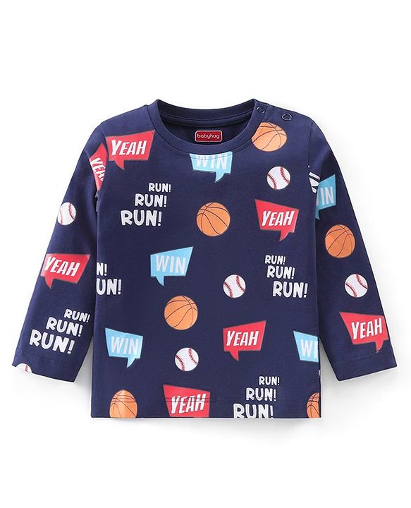 Babyhug 100% Cotton Knit Full Sleeves T-Shirt With Text Print - Navy Blue