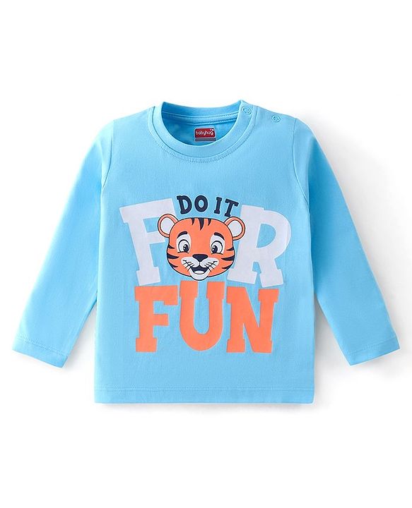 Babyhug Cotton Knit Full Sleeves Tiger & Text Graphics T-Shirt - Blue