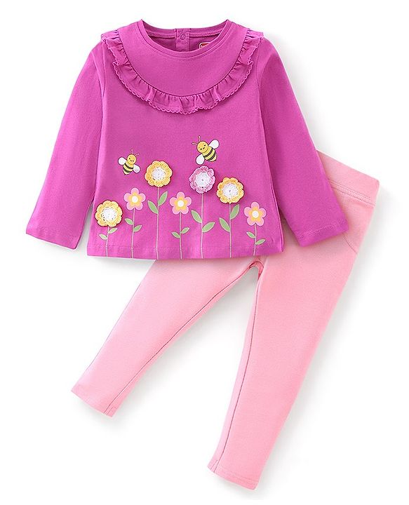 Babyhug Cotton Knit Full Sleeves Top with Floral Embroidery & Jeggings - Pink