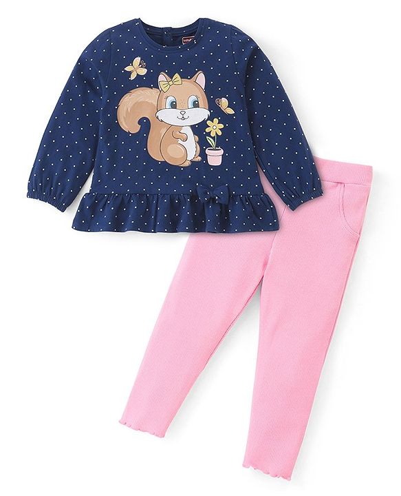 Babyhug 100% Cotton Knit Full Sleeves Top & Lounge Pant With Squirrel Print - Navy Blue & Pink