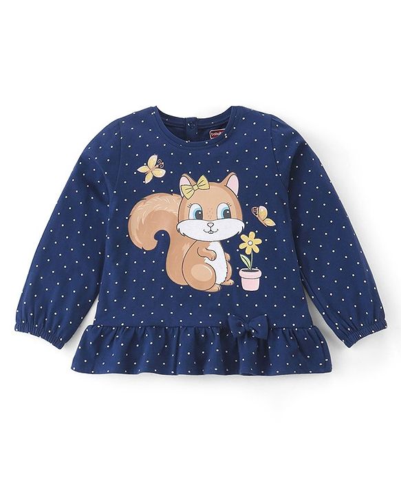Babyhug 100% Cotton Knit Full Sleeves Top & Lounge Pant With Squirrel Print - Navy Blue & Pink