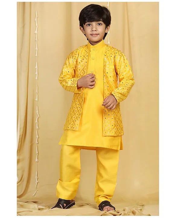 Buy AJ Dezines Full Sleeves Solid Kurta & Pyjama With Seamless Sequin  Embellished & Mirror Work Embroidered Jacket Mustard Yellow for Boys  (13-14Years) Online in India, Shop at  - 14483602