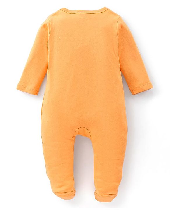 Babyhug Interlock Full Sleeves Footed Sleep Suit Kitty Print - Orange