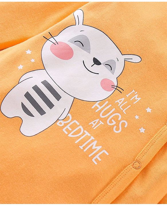 Babyhug Interlock Full Sleeves Footed Sleep Suit Kitty Print - Orange