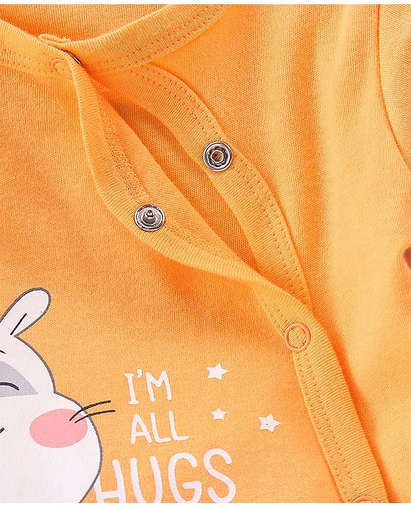 Babyhug Interlock Full Sleeves Footed Sleep Suit Kitty Print - Orange