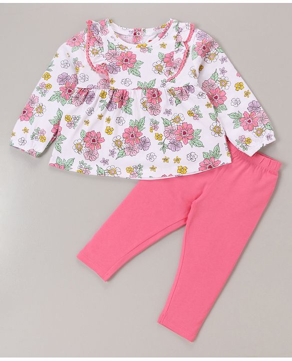 Babyhug 100% Cotton Knit Full Sleeves Top & Legging Set Floral Print - White & Pink