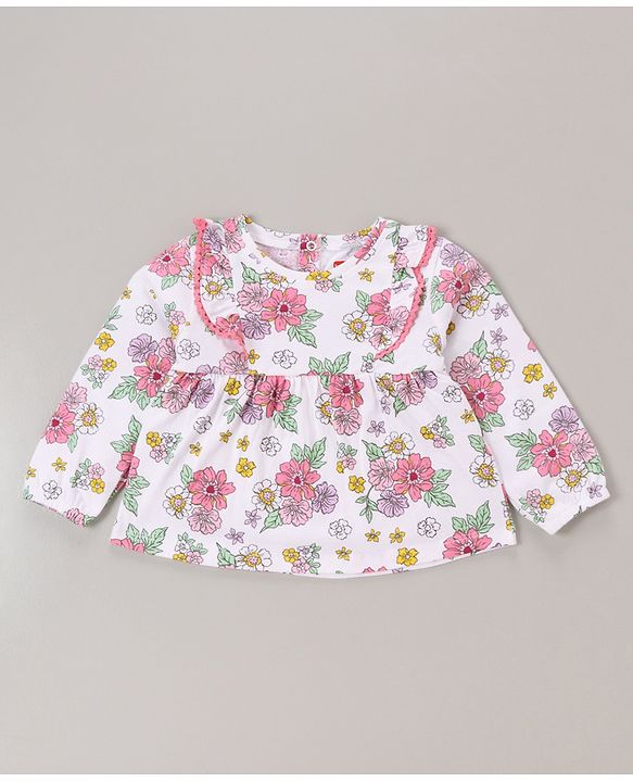 Babyhug 100% Cotton Knit Full Sleeves Top & Legging Set Floral Print - White & Pink