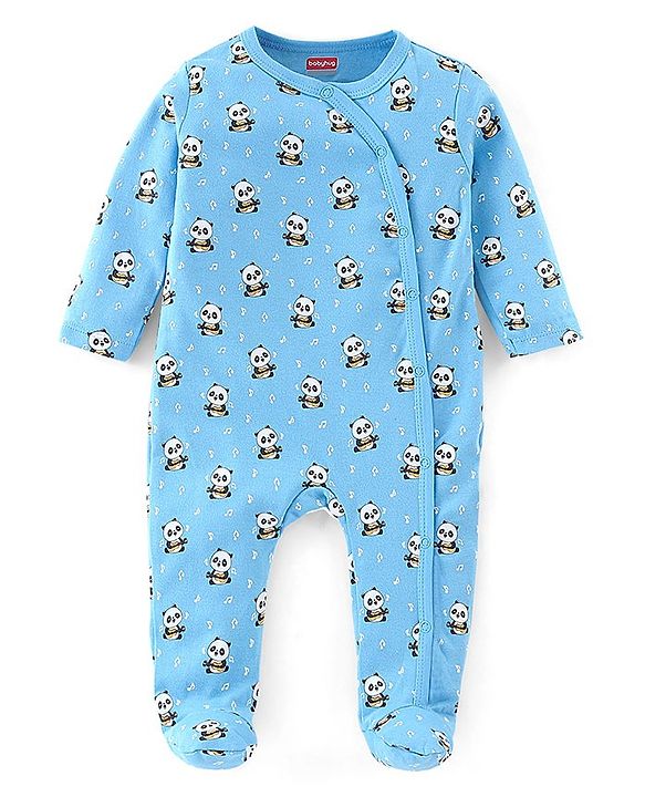 Babyhug Cotton Knit Full Sleeves Footed Sleepsuit Panda Print - Blue