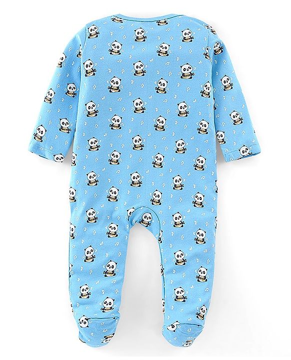 Babyhug Cotton Knit Full Sleeves Footed Sleepsuit Panda Print - Blue