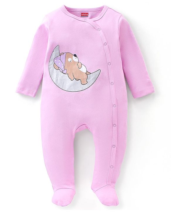 Babyhug Cotton Knit Full Sleeves Footed Sleepsuit Teddy Print - Pink