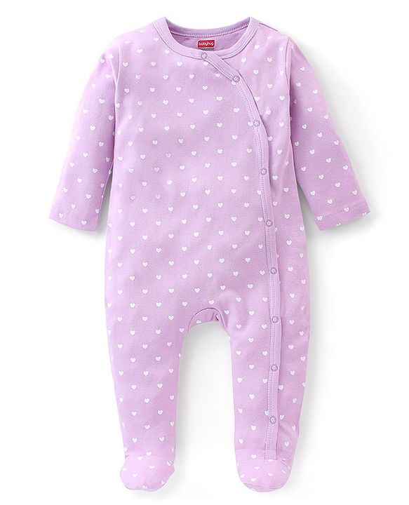 Babyhug Cotton Knit Full Sleeves Footed Sleepsuit Hearts Print - Pink