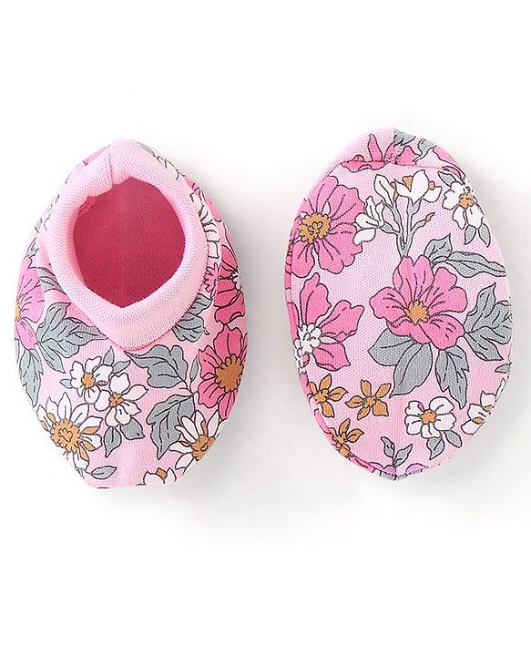 Babyhug 100% Cotton Knit Cap Mittens & Booties Set Floral Print - Pink