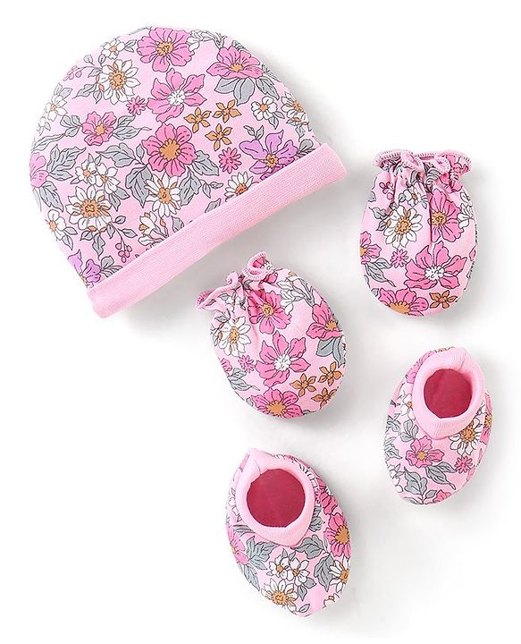 Babyhug 100% Cotton Knit Cap Mittens & Booties Set Floral Print - Pink
